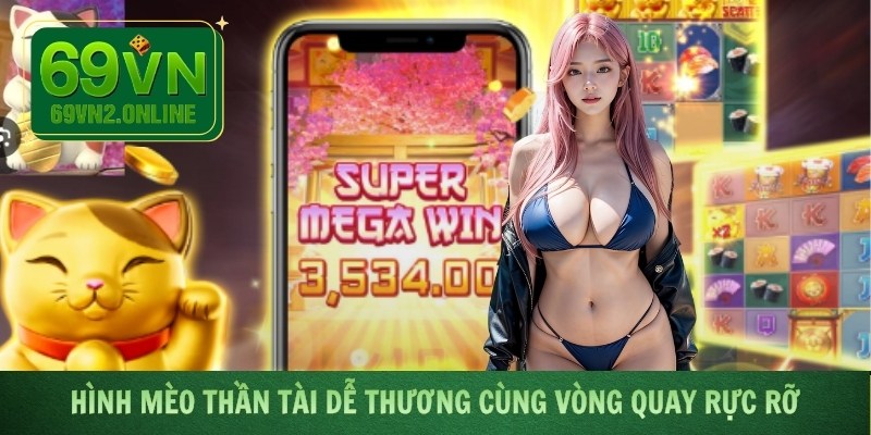 Hình mèo thần tài dễ thương cùng vòng quay rực rỡ